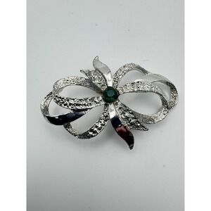 Vintage Bow Brooch Gerry's Silver Tone  Green Rhinestone MCM Pin